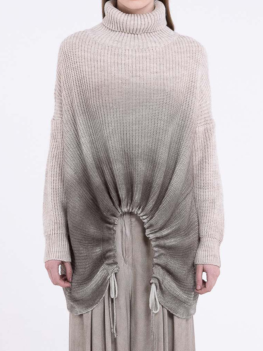 Sanctamuerte S394 ombré roll neck ruched jumper in light grey ombré