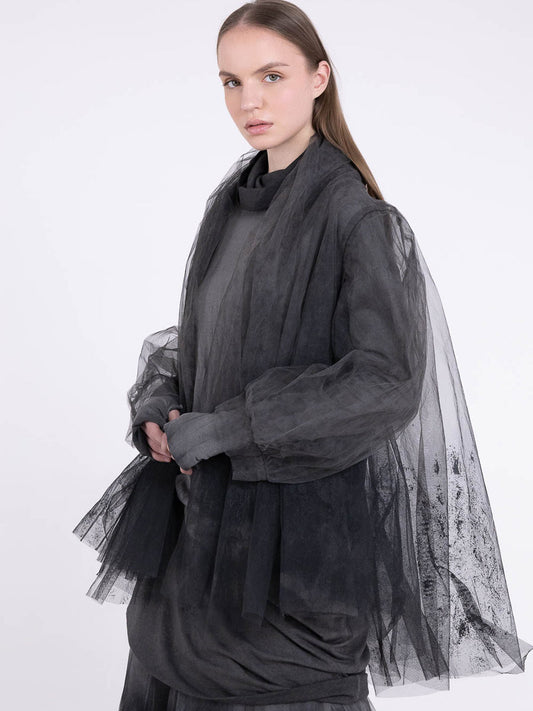Sanctamuerte S407 sheer tulle long cardigan in Ash Grey