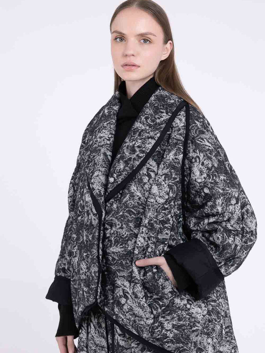 Sanctamuerte S438 floral contrast trim coat in Black