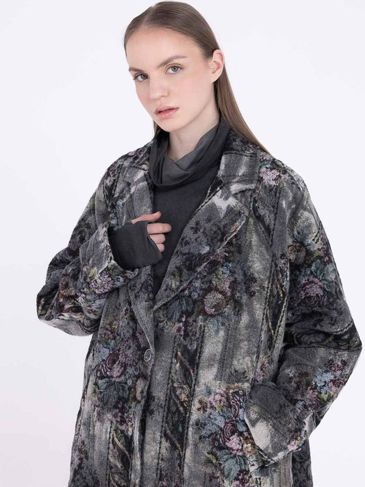 Sanctamuerte S462 floral cotton longline jacket in Ash Grey