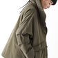 Soh side view of khaki jacket showing rounded back and high collar
