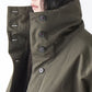 Soh close-up of khaki padded jacket showing high collar and front buttons