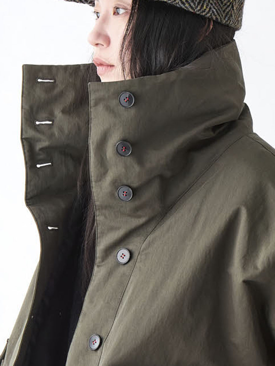 Soh close-up of khaki padded jacket showing high collar and front buttons