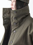 Soh close-up of khaki padded jacket showing high collar and front buttons