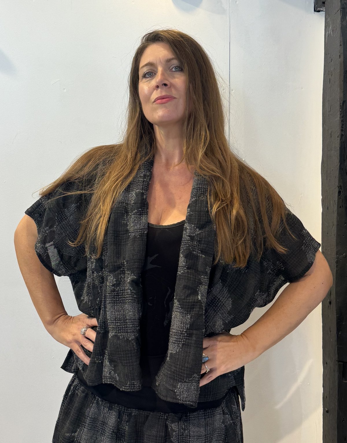 Front view of the Igor Dobranic Lotus grey checked waistcoat worn open