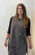 Front view of the Igor Dobranic Senna grey pinstriped waistcoat showing its overlapping front and side tie
