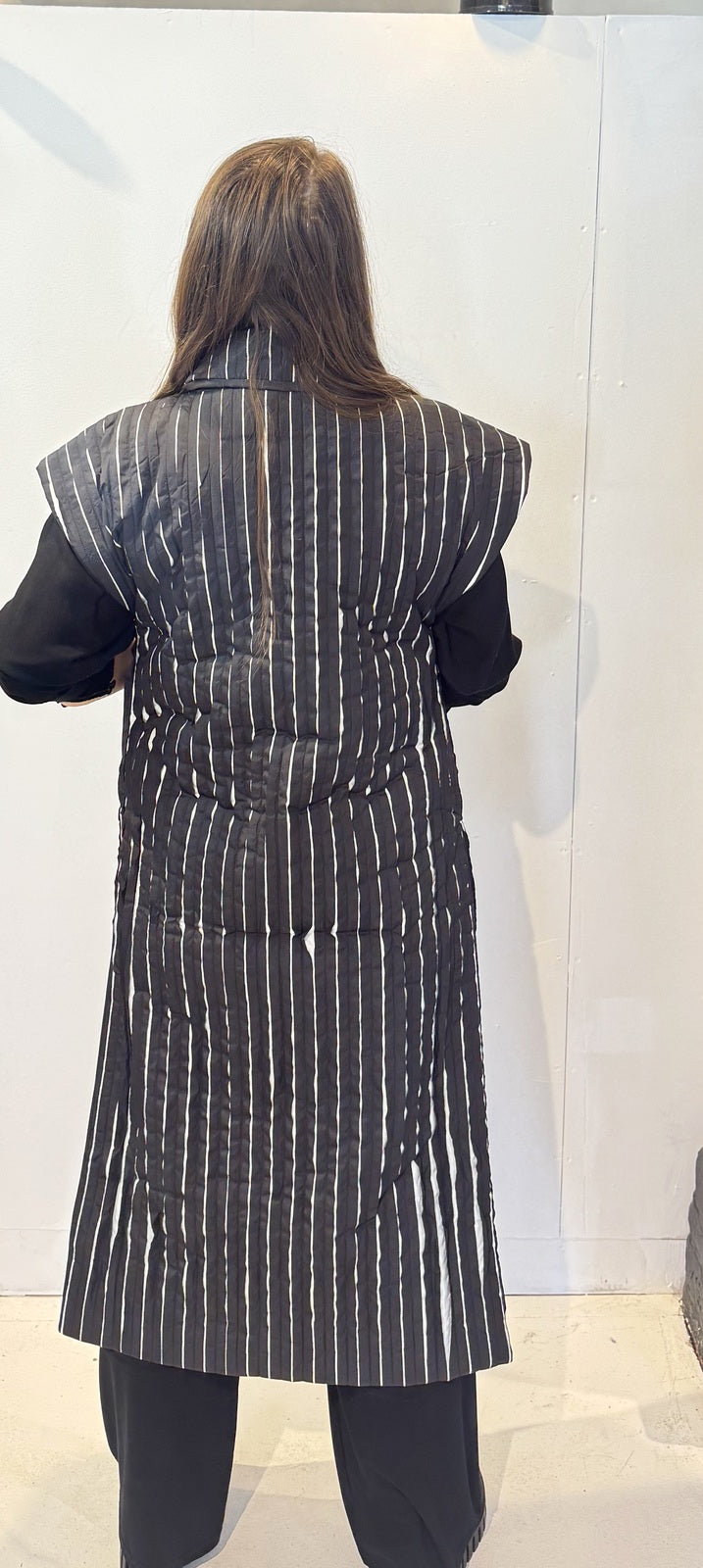 Back view of the Tulip waistcoat showing extended shoulders and vertical white stripes