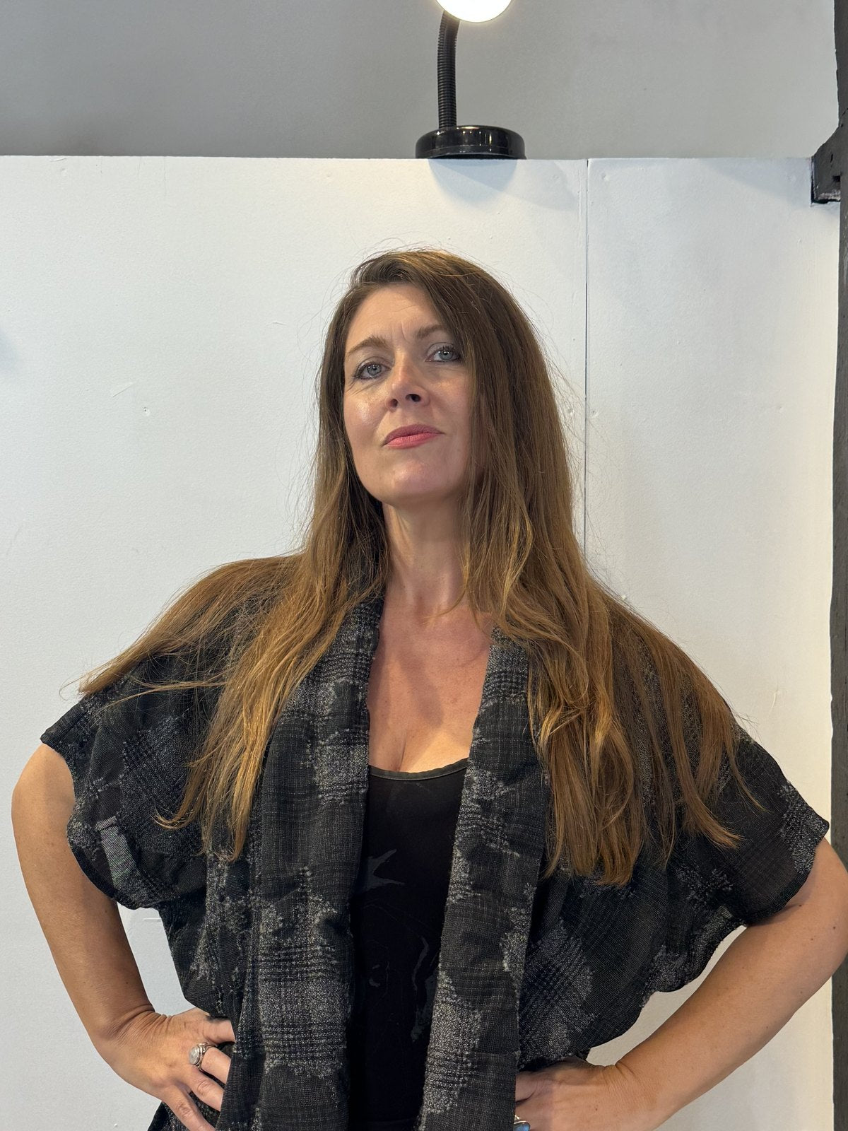 Front view of the Igor Dobranic Lotus grey checked waistcoat worn open
