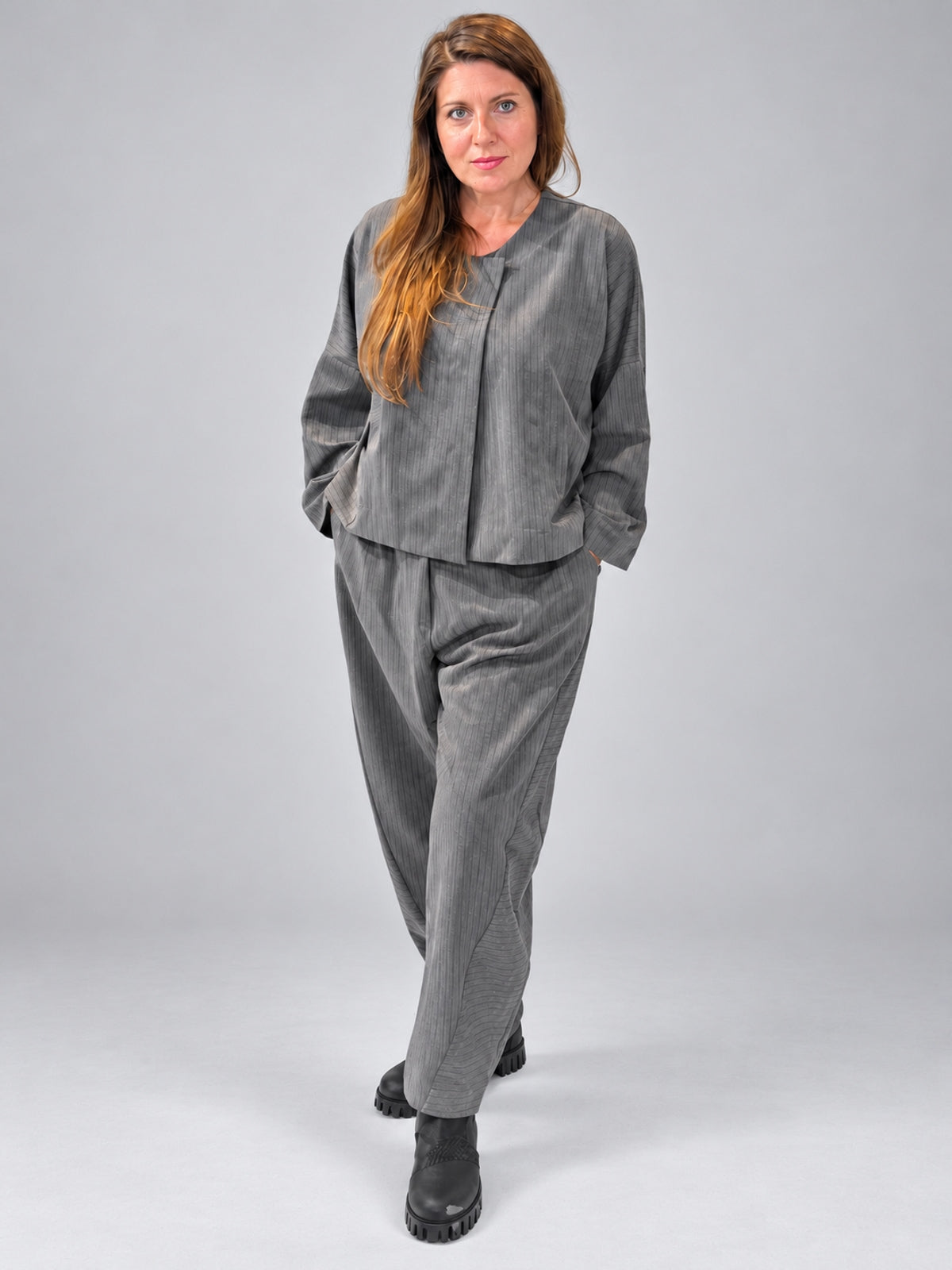 Igor Dobranic Petunia grey pinstriped jacket — front outfit view