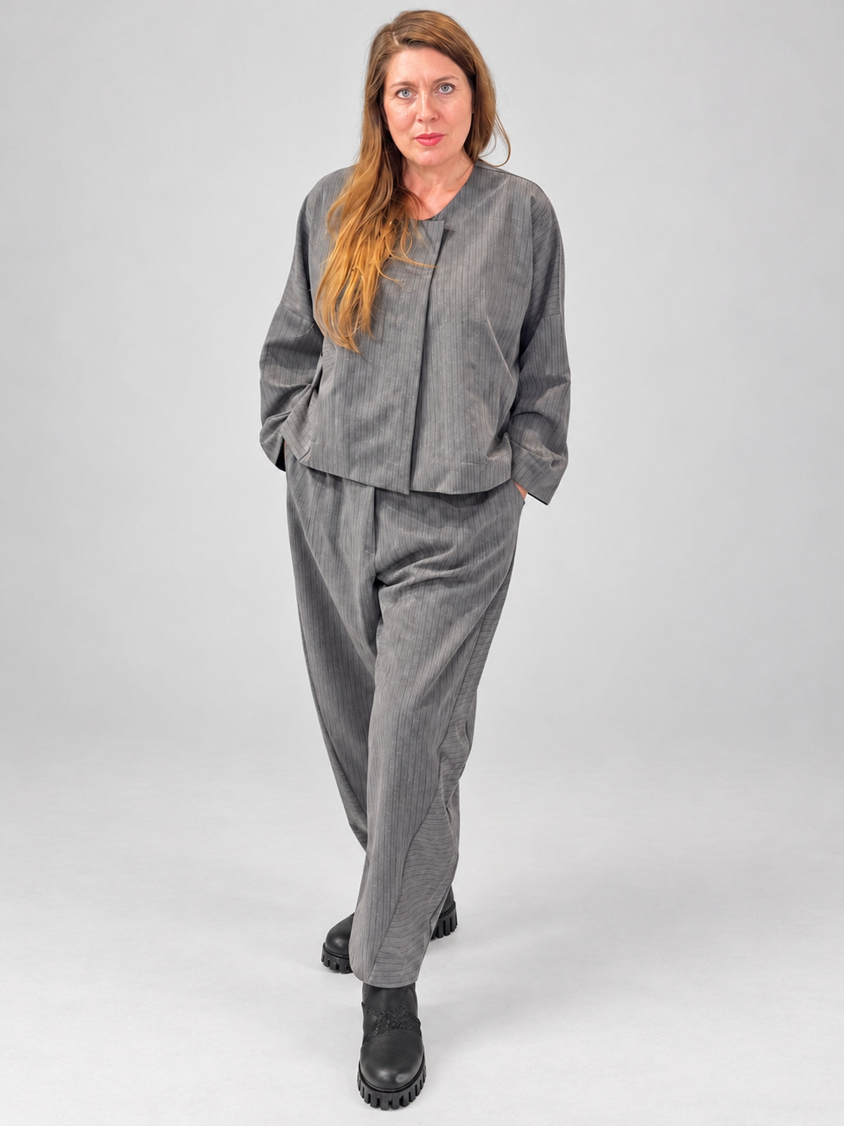 Igor Dobranic Petunia grey pinstriped jacket — front outfit view