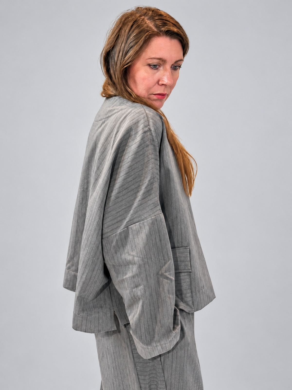 Igor Dobranic Petunia grey pinstriped jacket — rear three-quarter detail