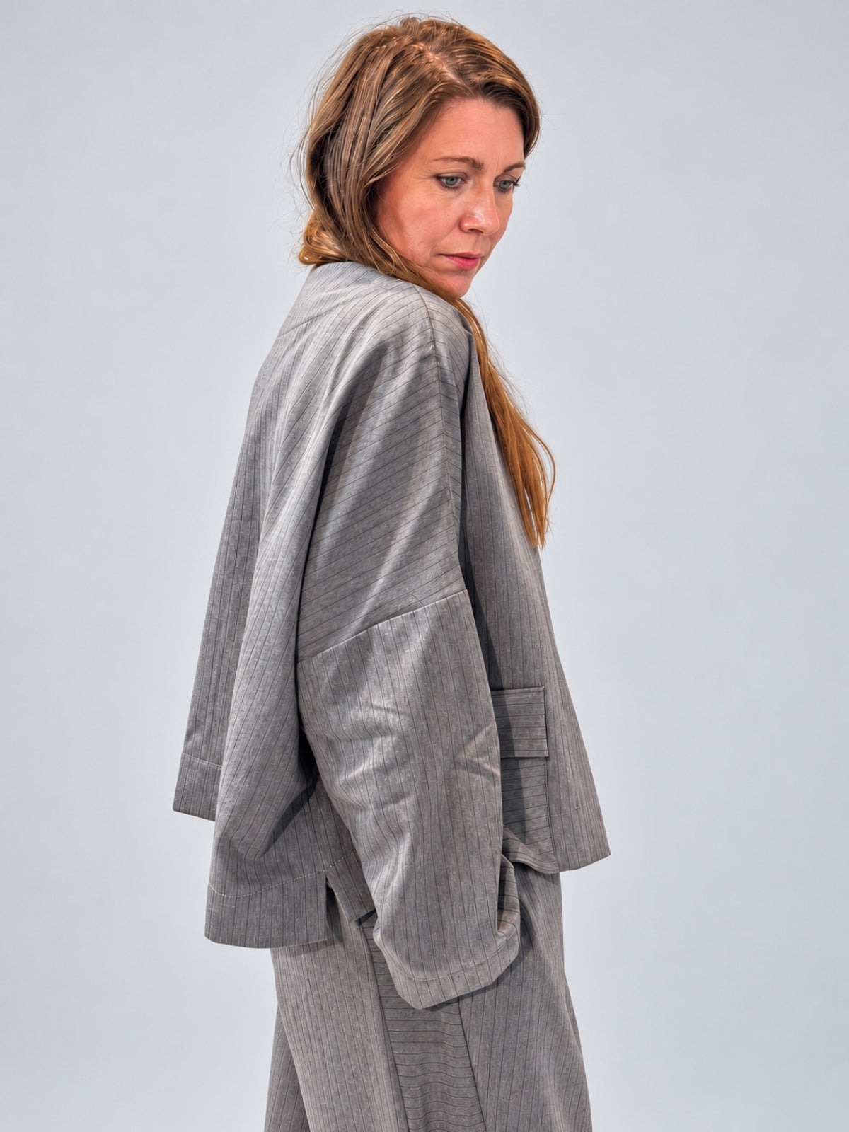 Igor Dobranic Petunia grey pinstriped jacket — rear three-quarter detail