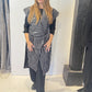 Front view of the Igor Dobranic Tulip black and white long waistcoat showing broad lapels and angular front edges
