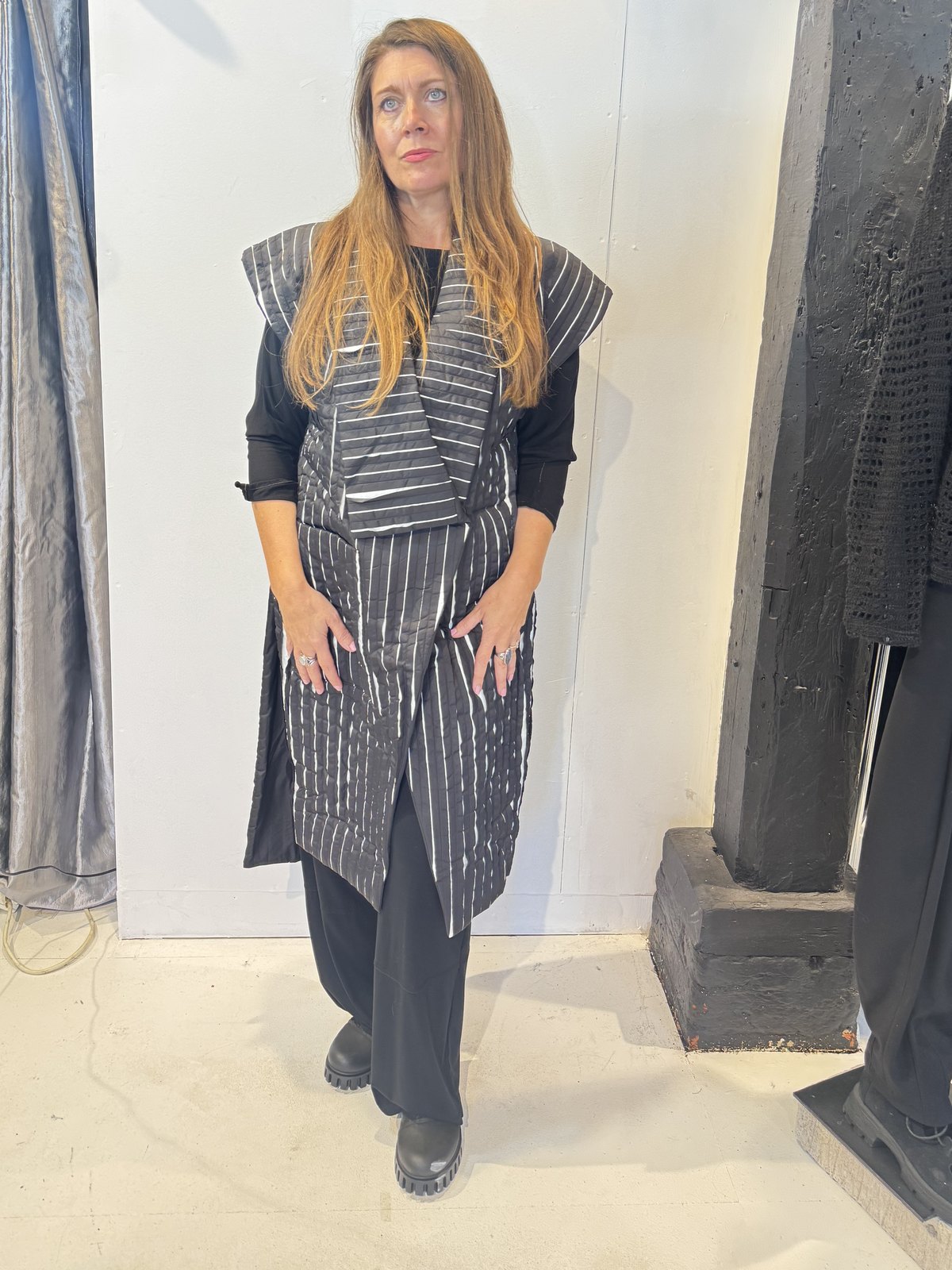 Front view of the Igor Dobranic Tulip black and white long waistcoat showing broad lapels and angular front edges