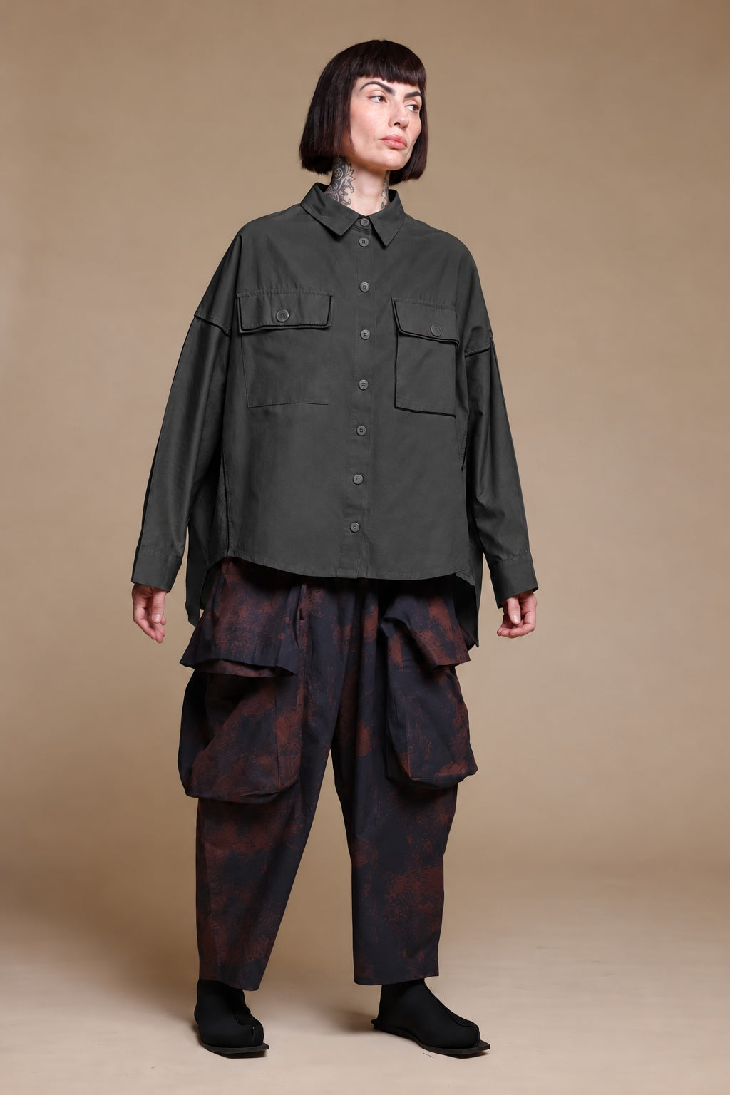 Black Kedem Sasson cotton shirt with chest flap pockets, front view