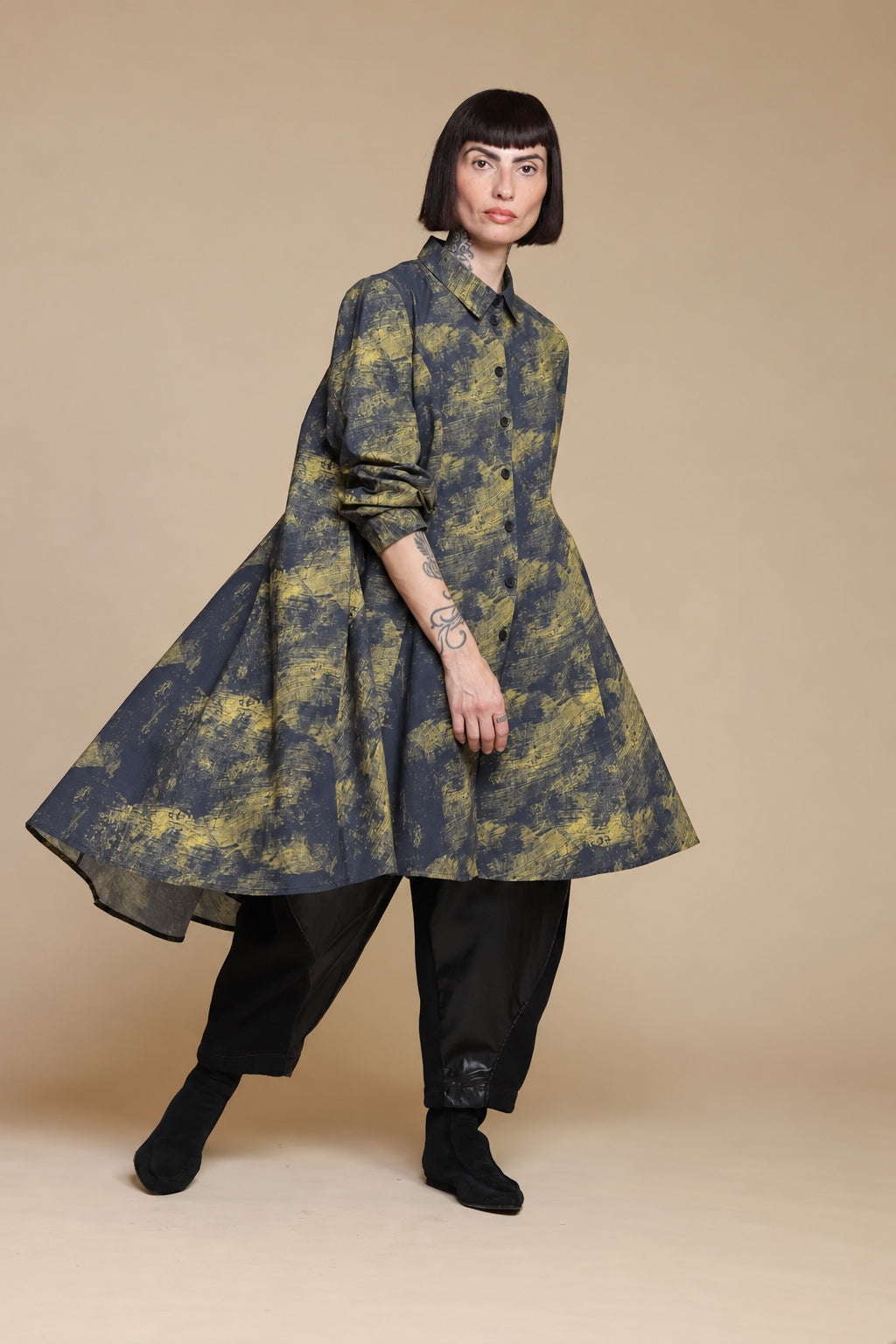 Kedem Sasson yellow-olive and charcoal printed linen shirt, front three-quarter view