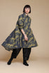 Kedem Sasson yellow-olive and charcoal printed linen shirt, front three-quarter view