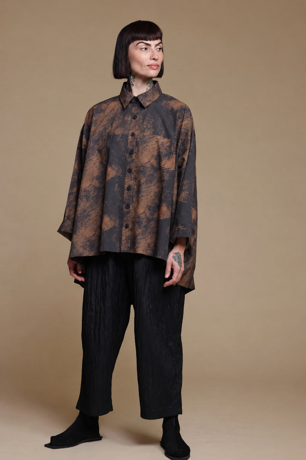 Kedem Sasson copper-brown and charcoal printed cotton shirt, front view