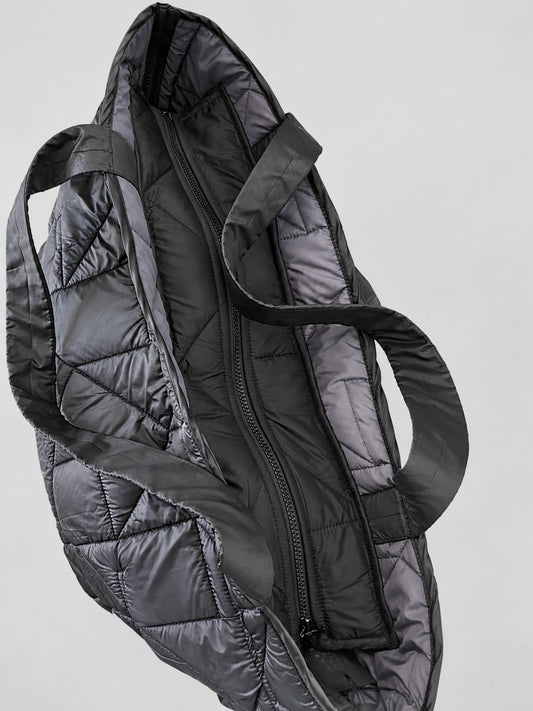 Kedziorek black and grey quilted tote, zip opening and handle detail