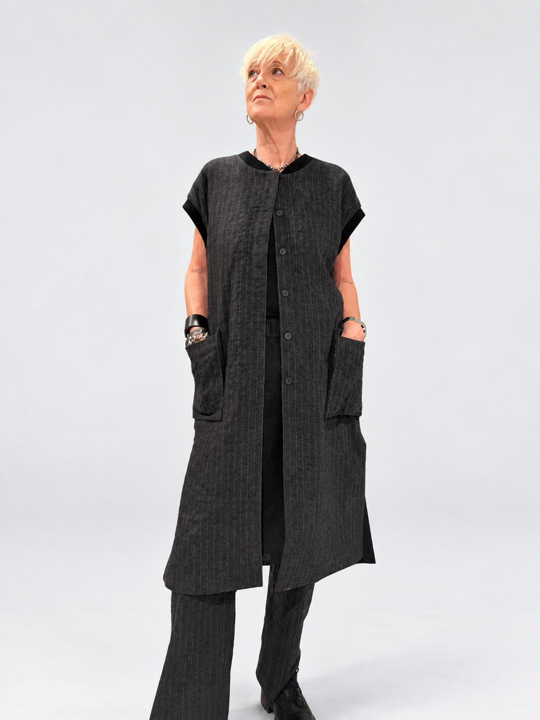 Kedziorek 5524 grey pinstripe long gilet — main, unbelted view