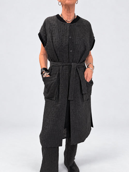 Kedziorek 5524 grey pinstripe long gilet — belted view