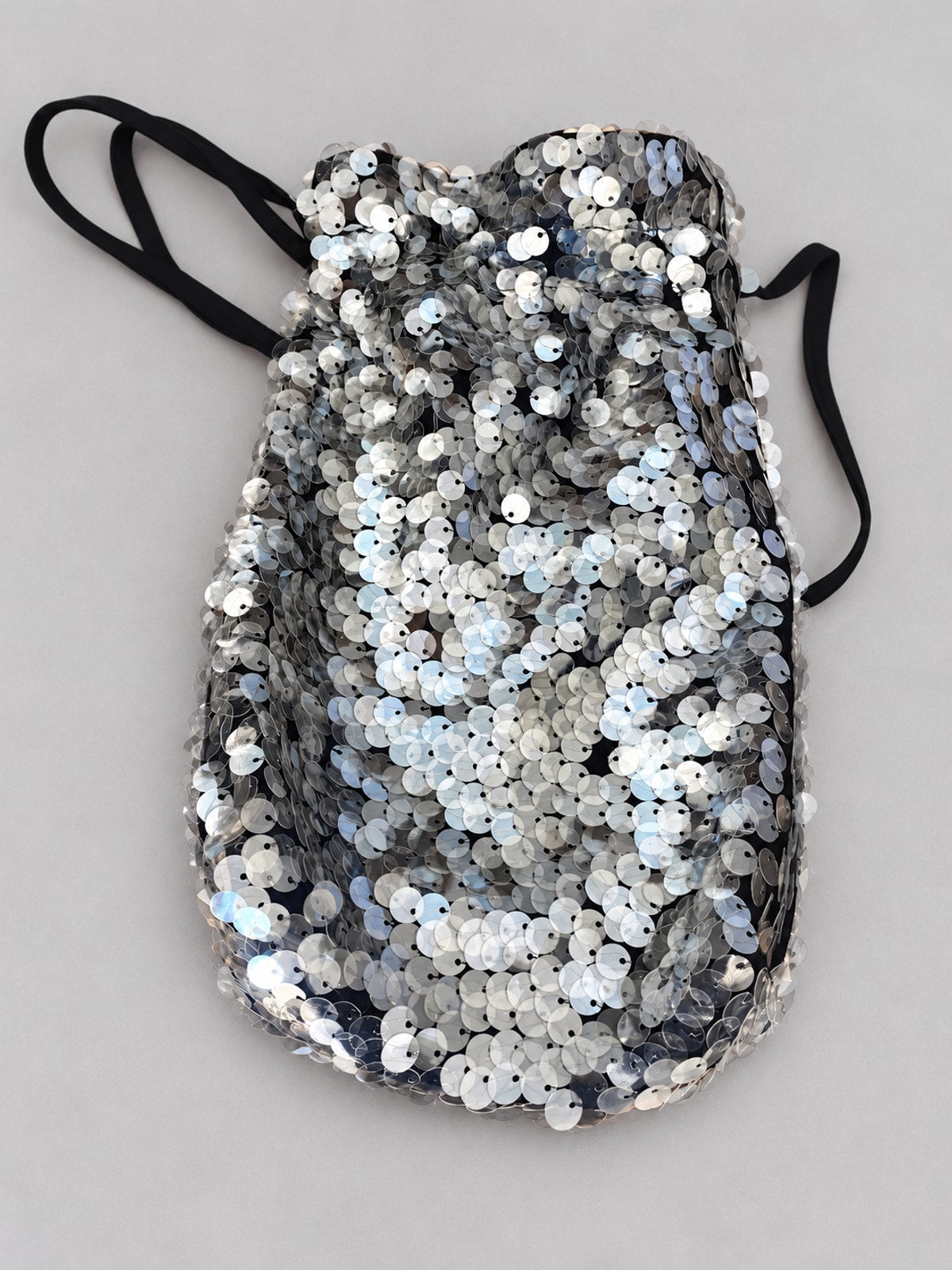 Kedziorek black and silver sequin bag, flat view with ribbon strap