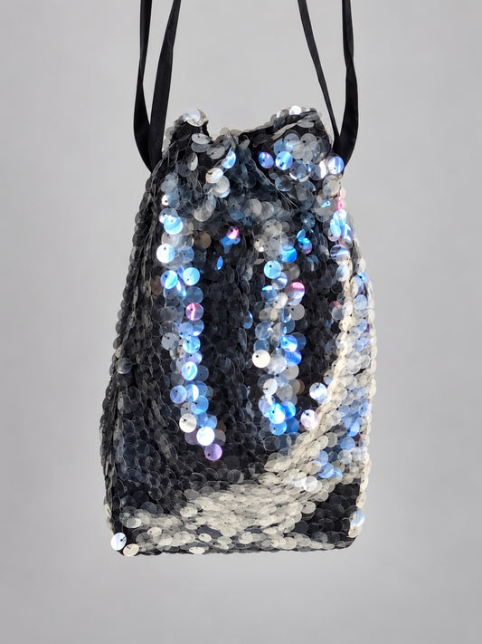 Kedziorek black and silver sequin bag, hanging detail with circular sequins