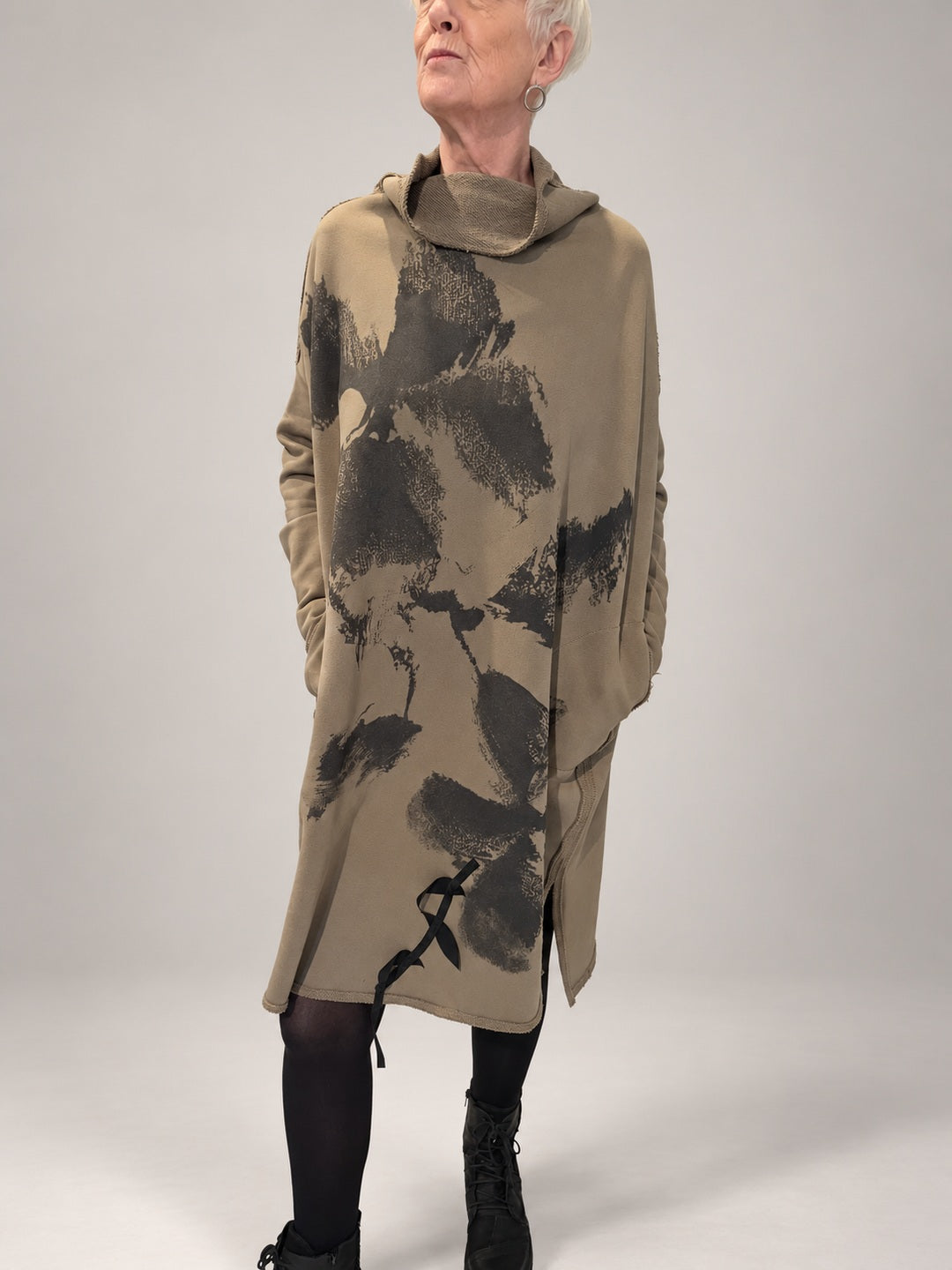 Kedziorek taupe floral print dress with raised collar, pockets and shaped hem, front view