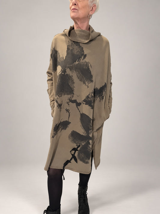 Kedziorek taupe floral print dress with raised collar, pockets and shaped hem, front view