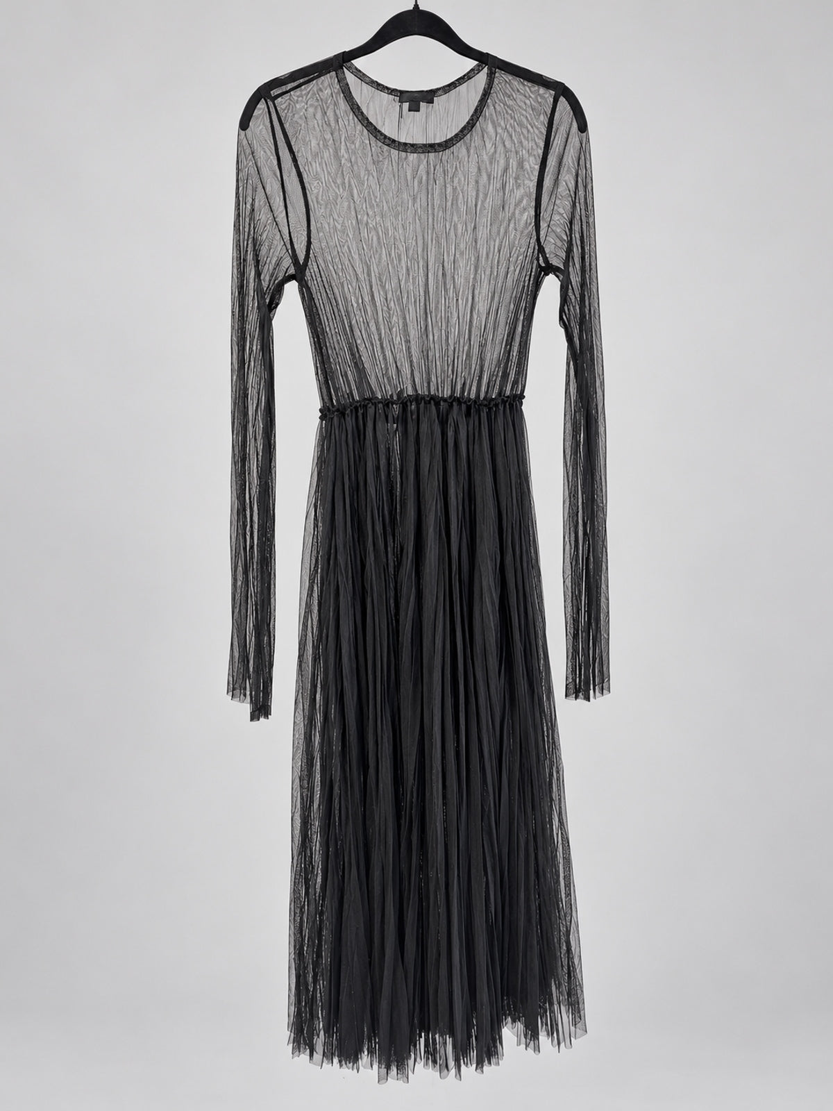 Kedziorek black sheer mesh dress, back view showing long sleeves and gathered skirt, style 5585