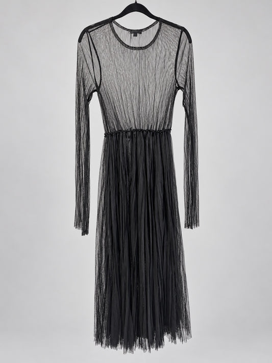 Kedziorek black sheer mesh dress, back view showing long sleeves and gathered skirt, style 5585