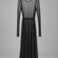 Kedziorek black sheer mesh dress, front view showing long sleeves and gathered skirt, style 5585
