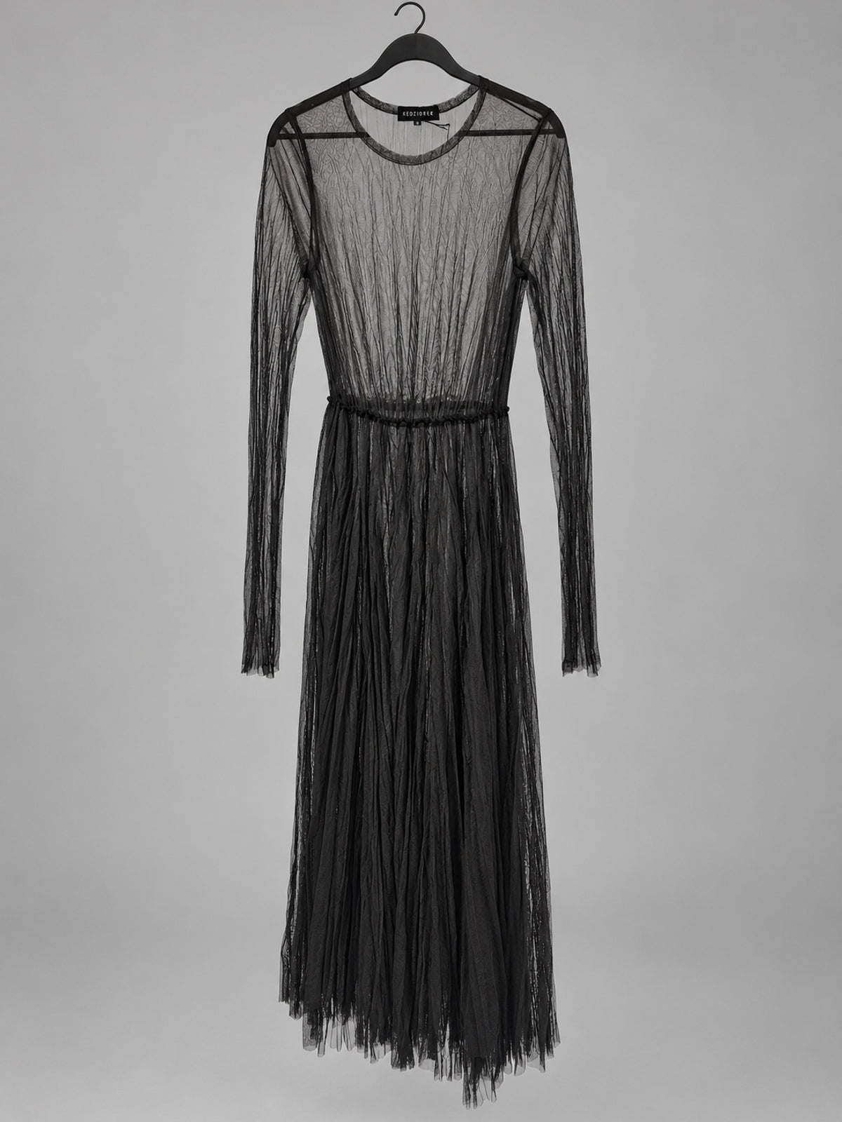 Kedziorek black sheer mesh dress, front view showing long sleeves and gathered skirt, style 5585