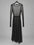 Kedziorek black sheer mesh dress, front view showing long sleeves and gathered skirt, style 5585