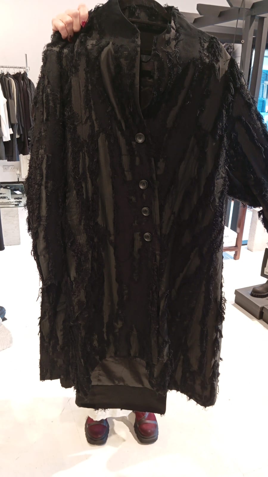 Moyuru 263602 textured button-front coat in black, garment reference view