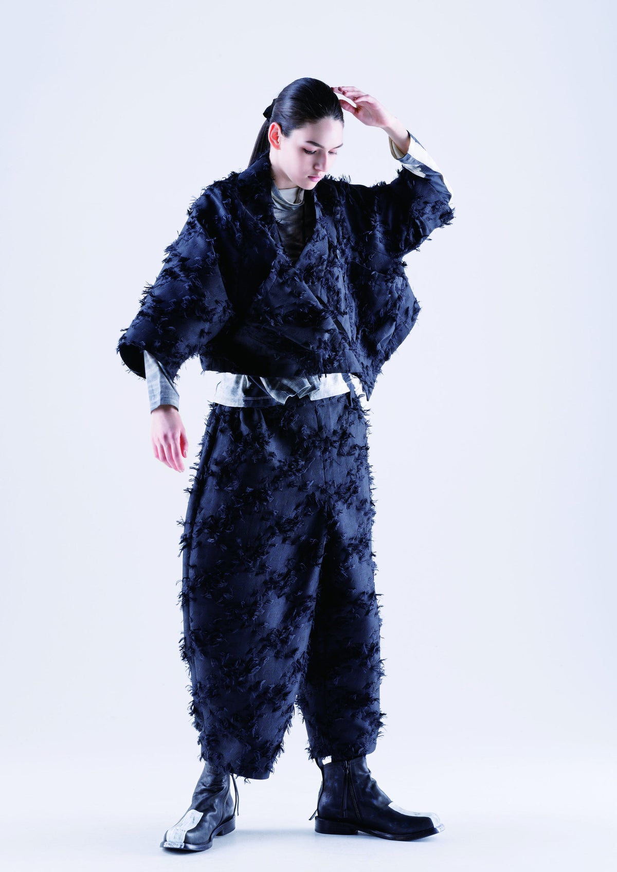 Moyuru 263620 textured cropped jacket, styled lookbook view