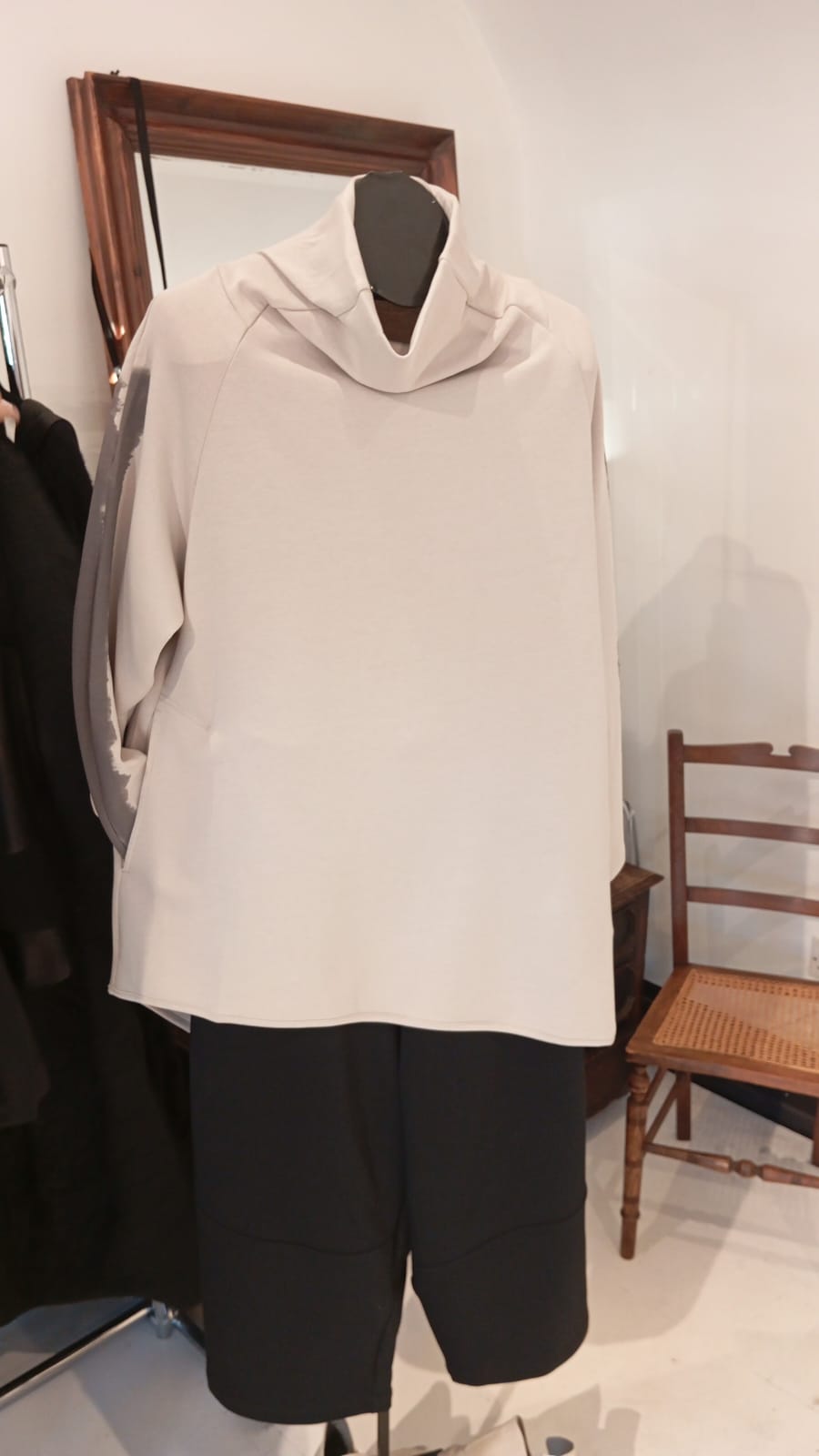 Moyuru 263638 cotton-blend cowl-neck tunic in beige, garment reference view