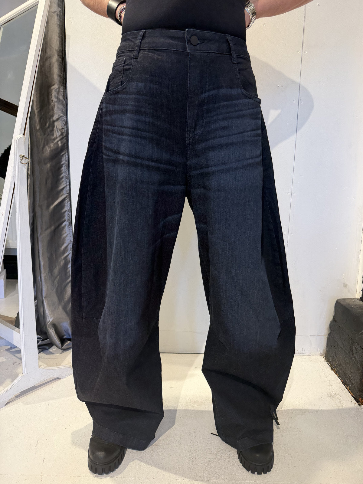 PLU Bubble denim trousers in dark blue, front view