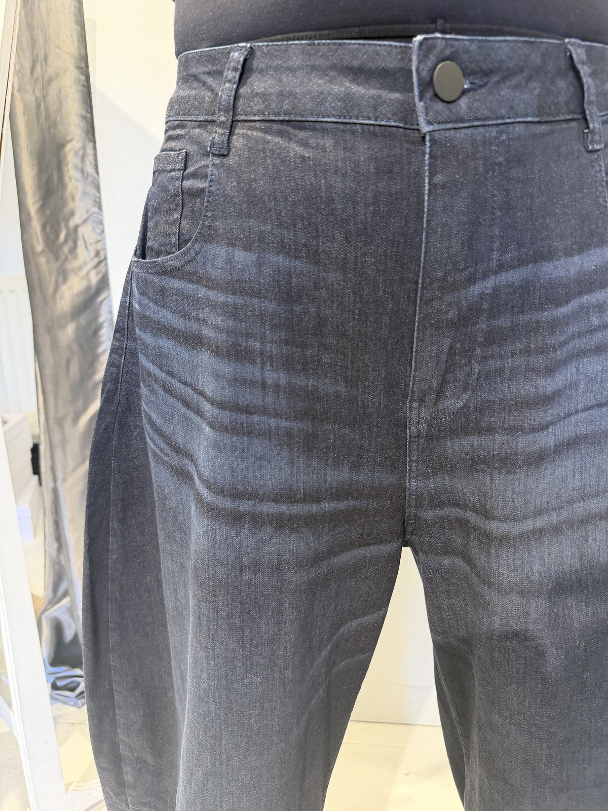 PLU Bubble denim trousers in dark blue, denim and waistband detail