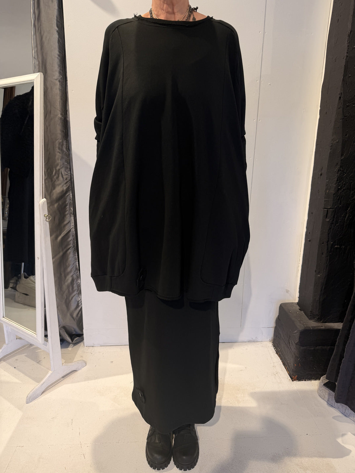 PLU Long sweat tunic in black, front view