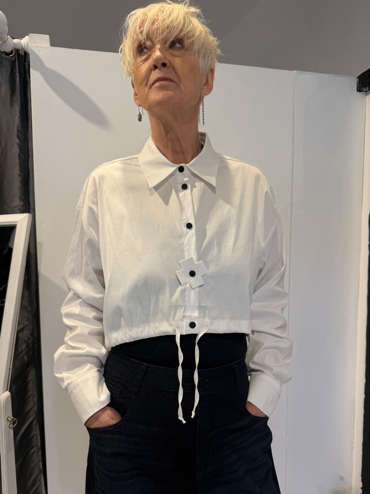 PLU Boxed Breeze shirt in white, front view
