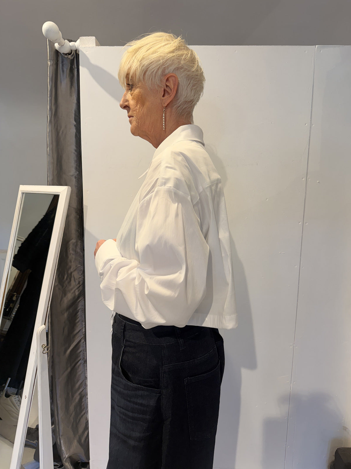 PLU Boxed Breeze shirt in white, side view