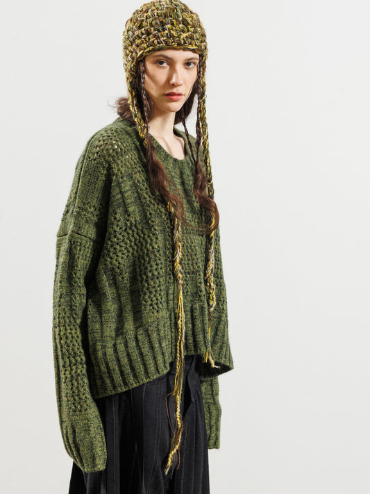 Serienumerica 5026 textured merino blend boxy pullover in Herb – side angle