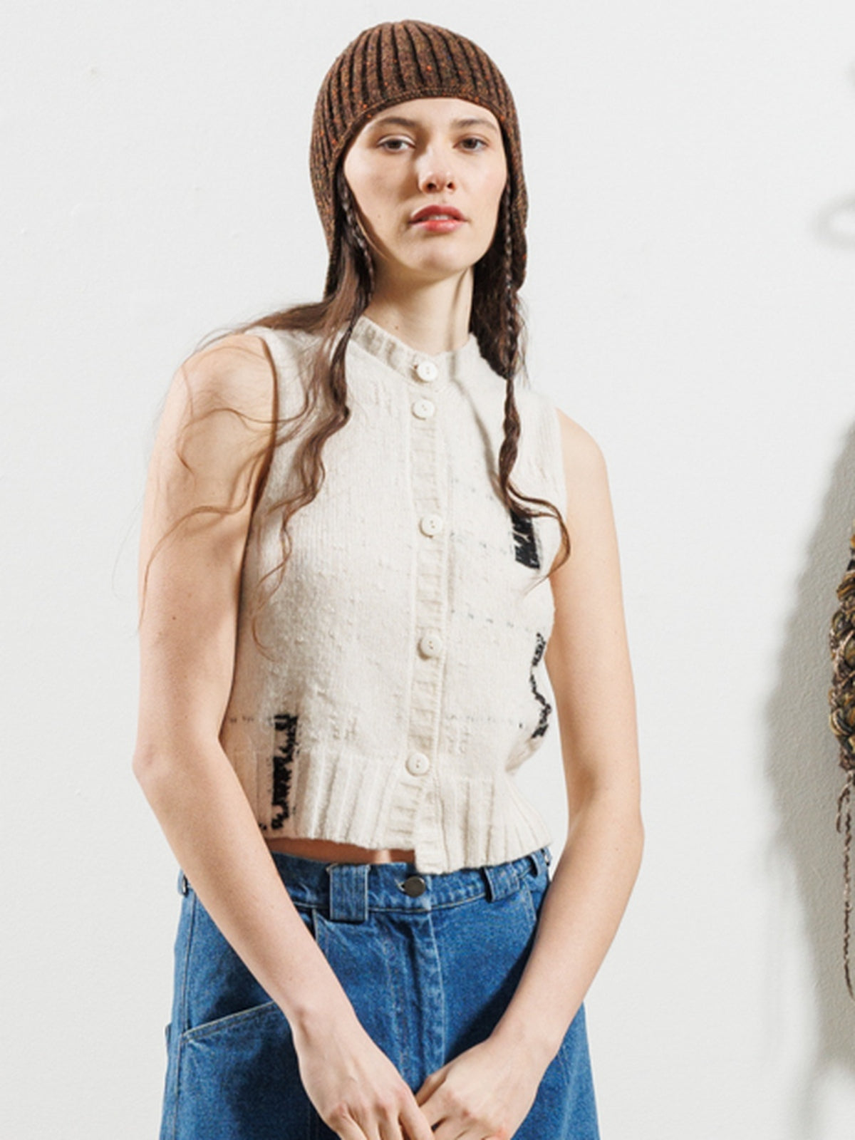 Serienumerica 5201 merino and mohair jacquard gilet in Natural – front garment