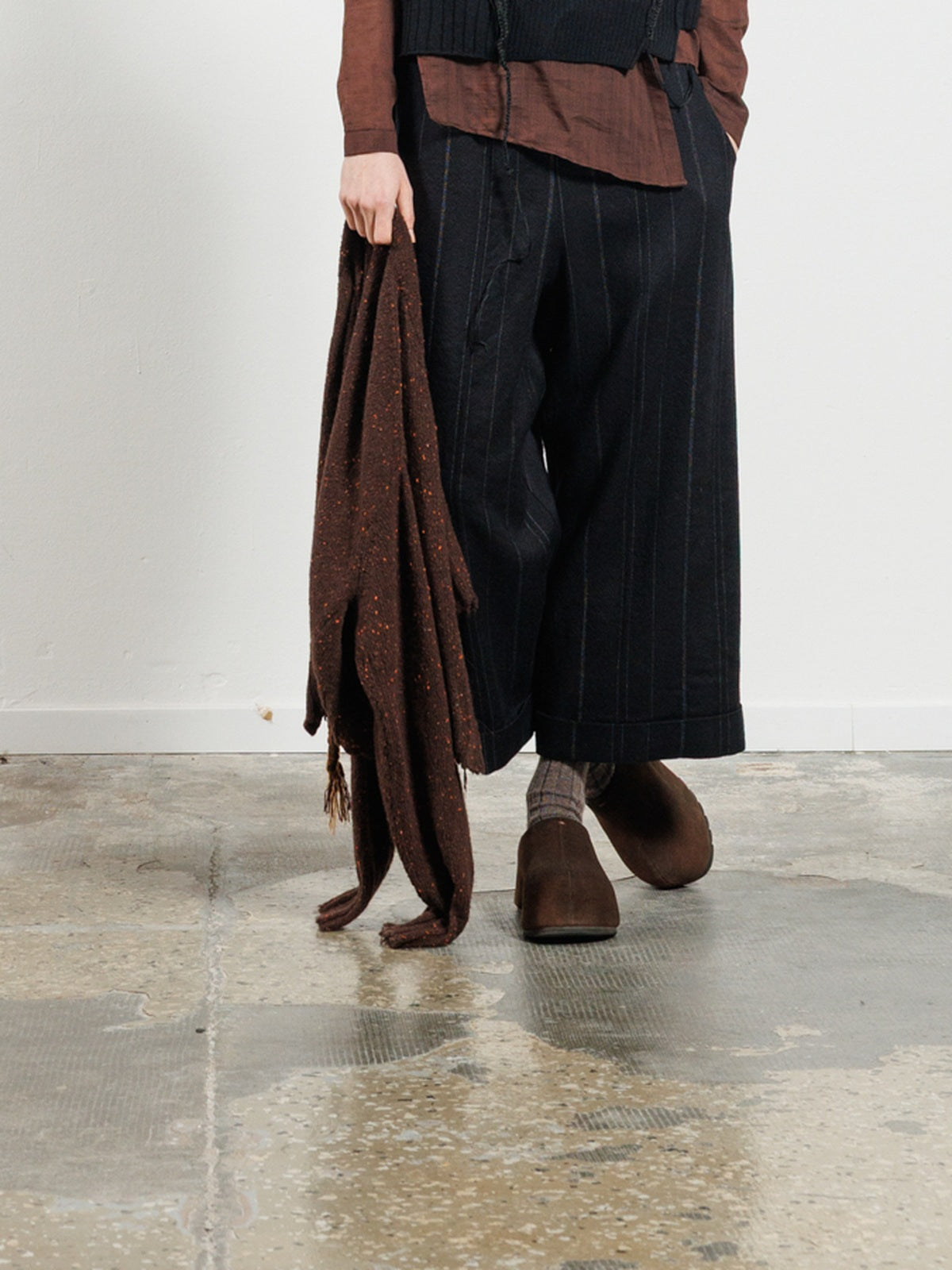 Serienumerica 854 elasticated-waist wool pinstripe trousers in Black – front trousers
