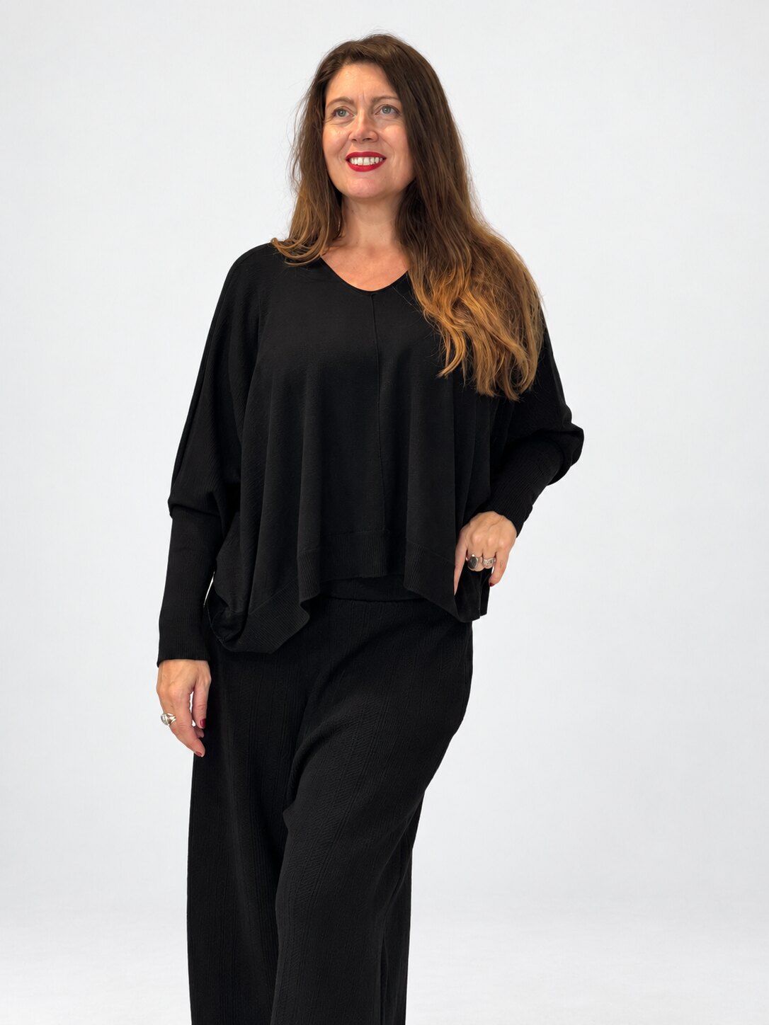 Transit black draped virgin-wool jumper – full-length styling view