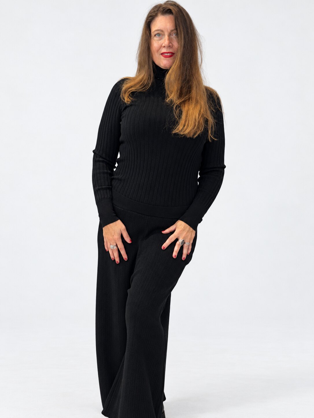 Transit black ribbed virgin-wool roll-neck top – full-length front styling view