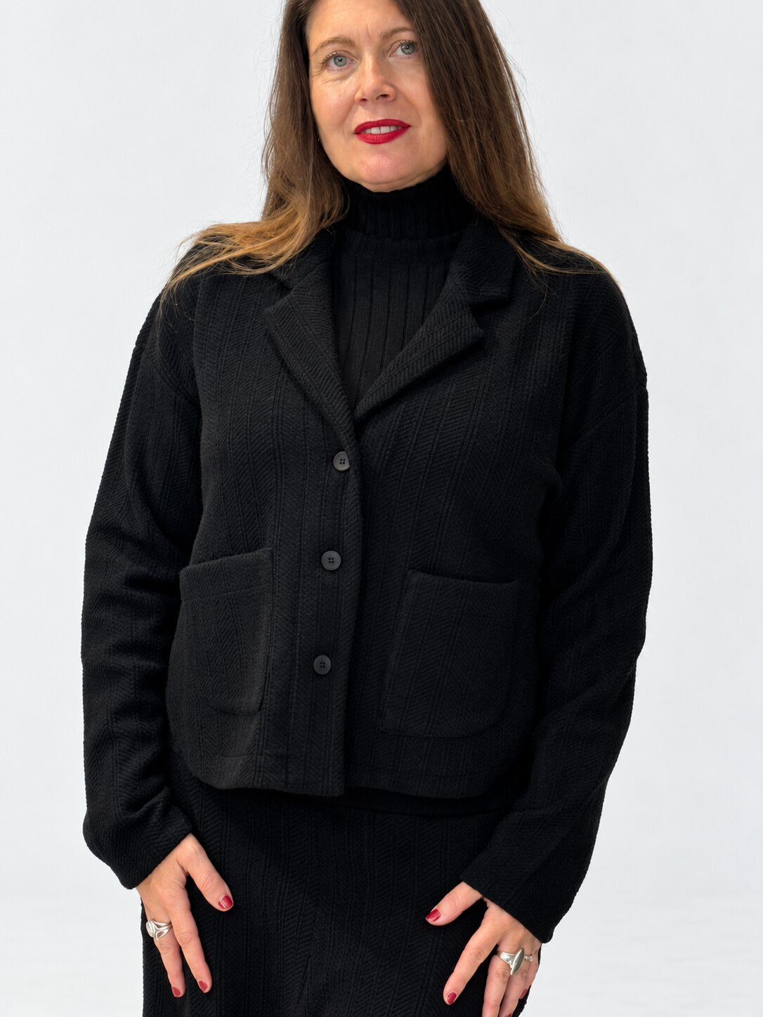 Transit black textured virgin-wool jacket – front view
