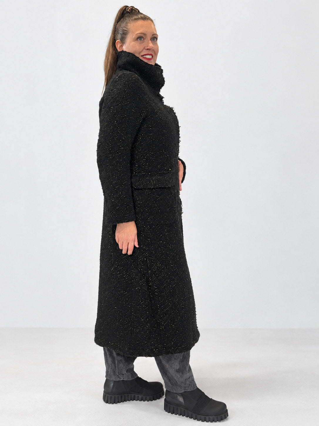 Transit black flecked textured long coat – side view