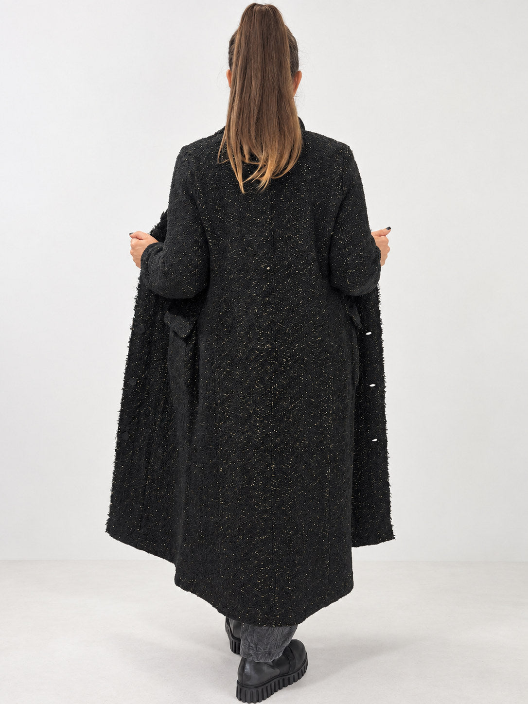 Transit black flecked long coat – open back view showing full silhouette